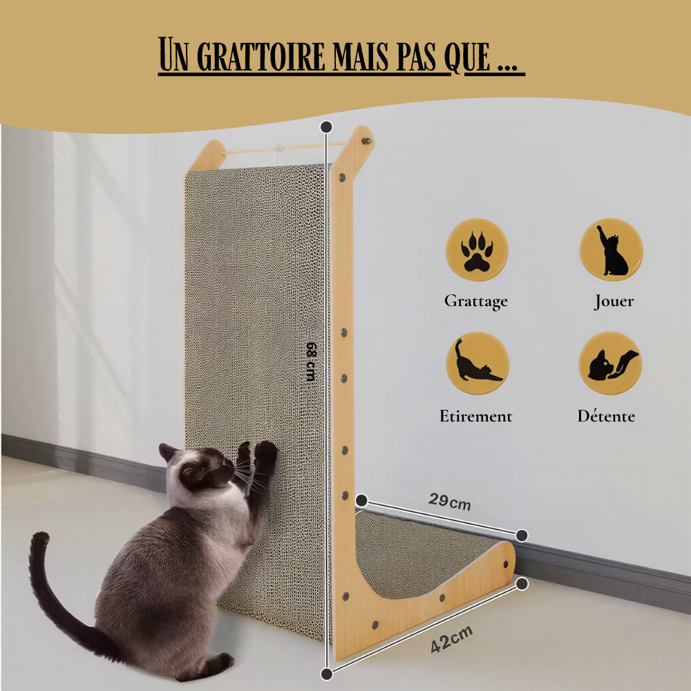 Griffoir en L 3 en 1 carton ondulé et bois pour chat