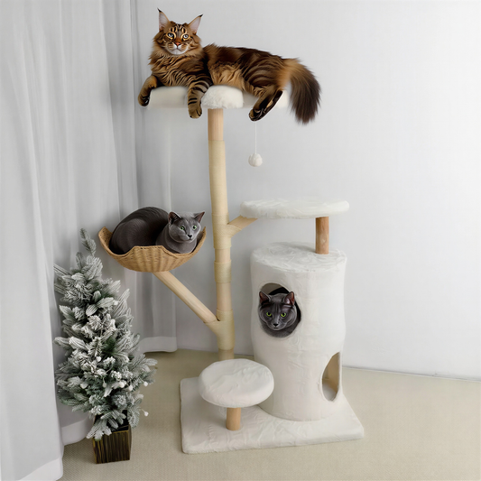Arbre à chat CatClean 142 cm, panier tressé et griffoir en sisal bois naturel