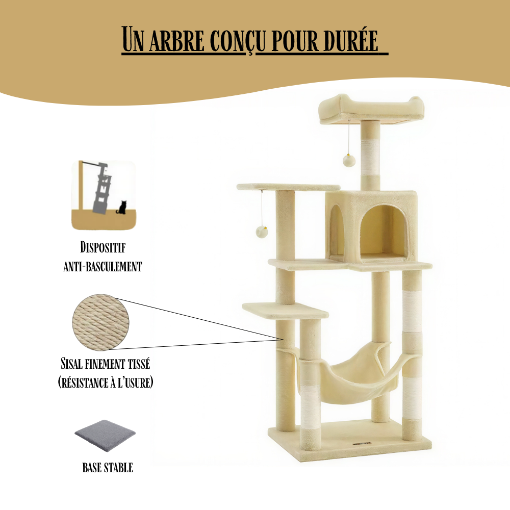Arbre à chat CatApex 143 cm, niche, hamac et plateforme rembourrée