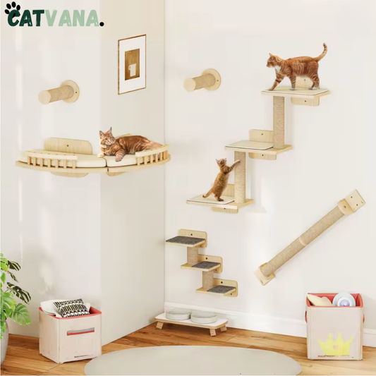 Arbre à Chat Mural - Skyline - 7 Pièces en Bois avec Sisal