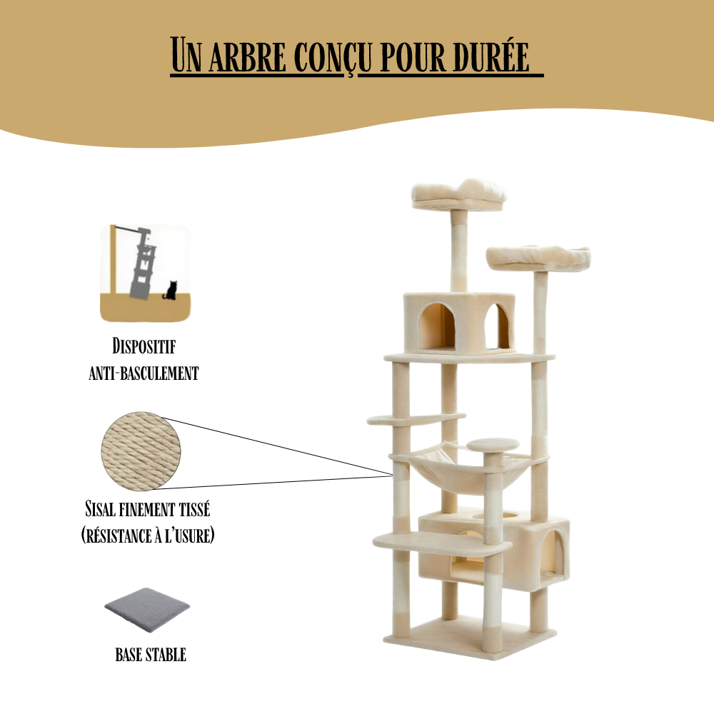 Arbre à chat CatLoft 182 cm multi-niveaux – Condo, hamac et poteaux en sisal – GrandFelin