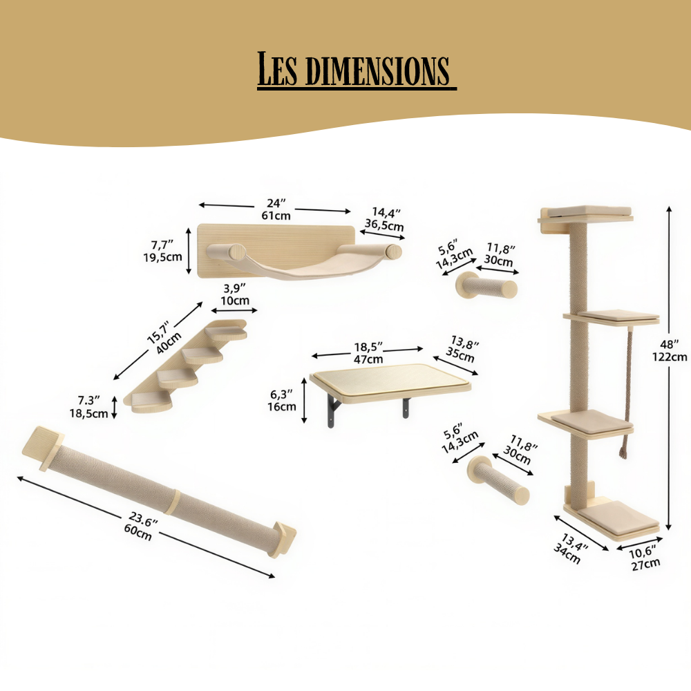 Arbre à chat mural Explorer – Ensemble 7 pièces en bois – GrandFelin