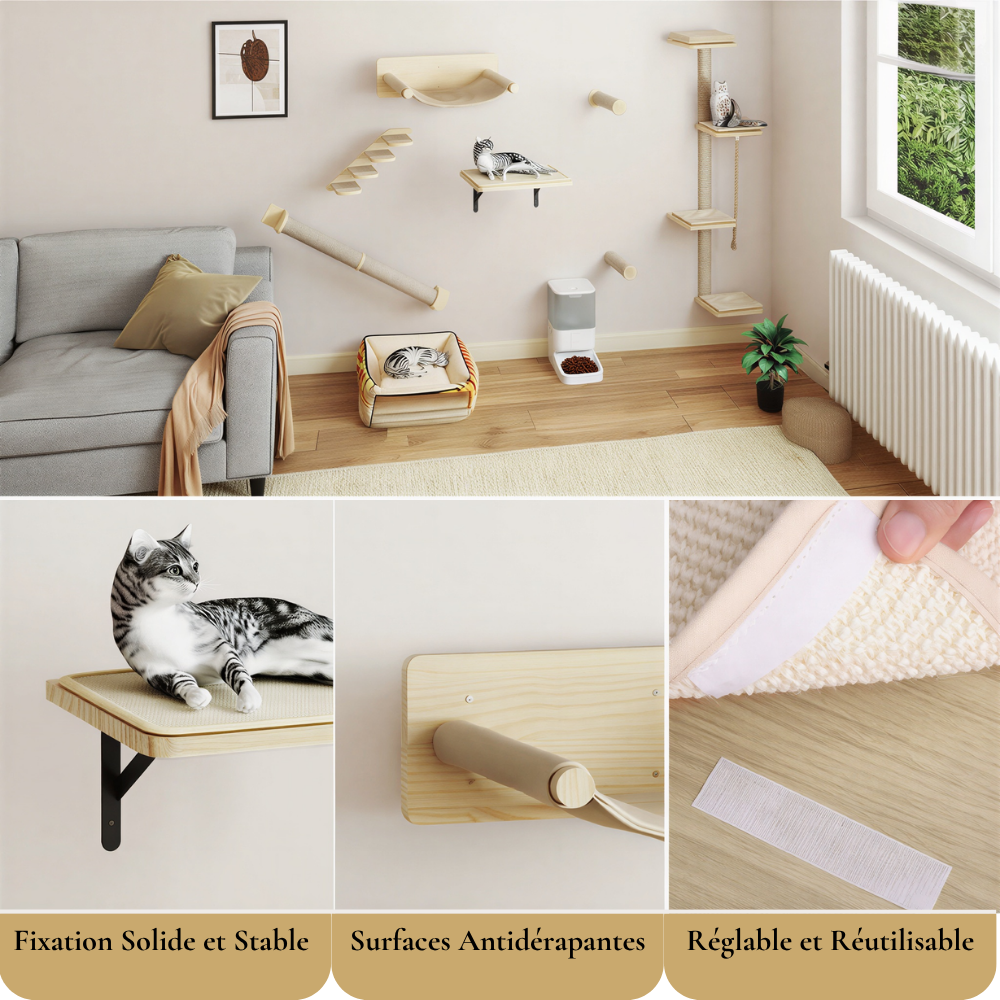 Arbre à chat mural Explorer – Ensemble 7 pièces en bois – GrandFelin