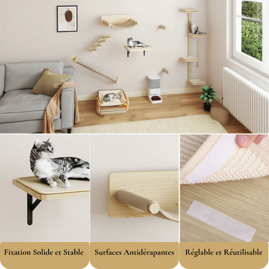 Arbre à Chat  Mural - Explorer - Ensemble 7 Pièces en Bois