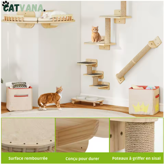 Arbre à Chat Mural - Skyline - 7 Pièces en Bois avec Sisal
