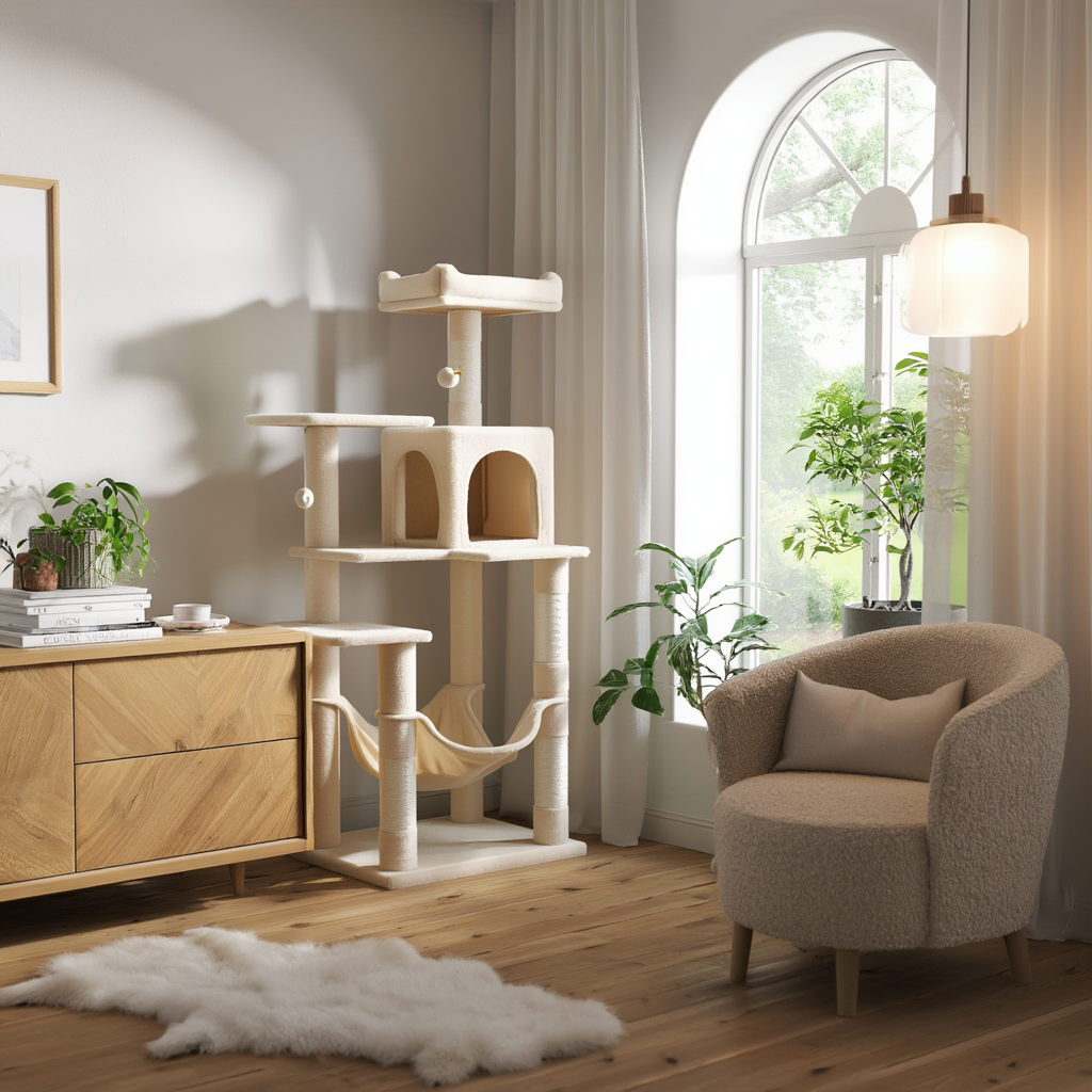Arbre à chat CatApex 143 cm, niche, hamac et plateforme rembourrée