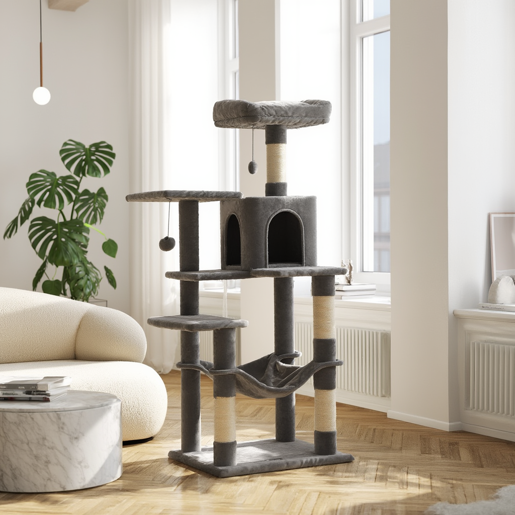 Arbre à chat CatApex 143 cm, niche, hamac et plateforme rembourrée