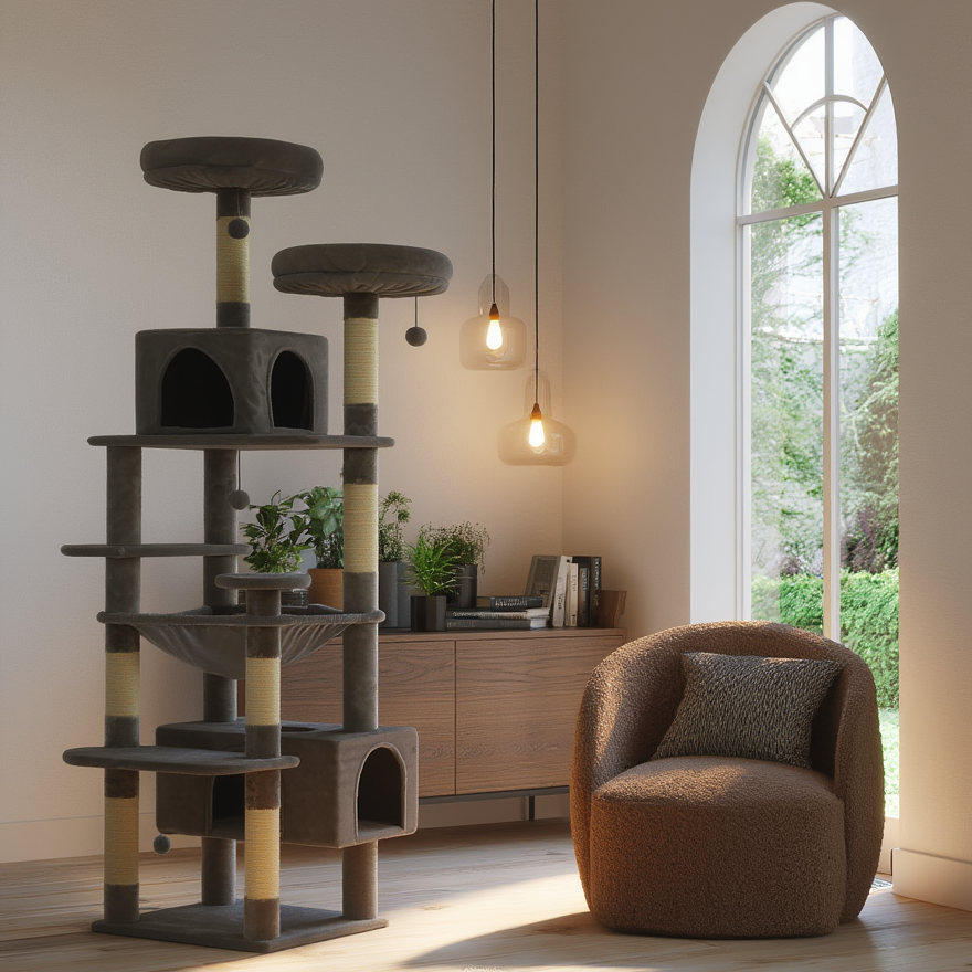 Arbre à chat CatLoft 182 cm multi-niveaux – Condo, hamac et poteaux en sisal – GrandFelin