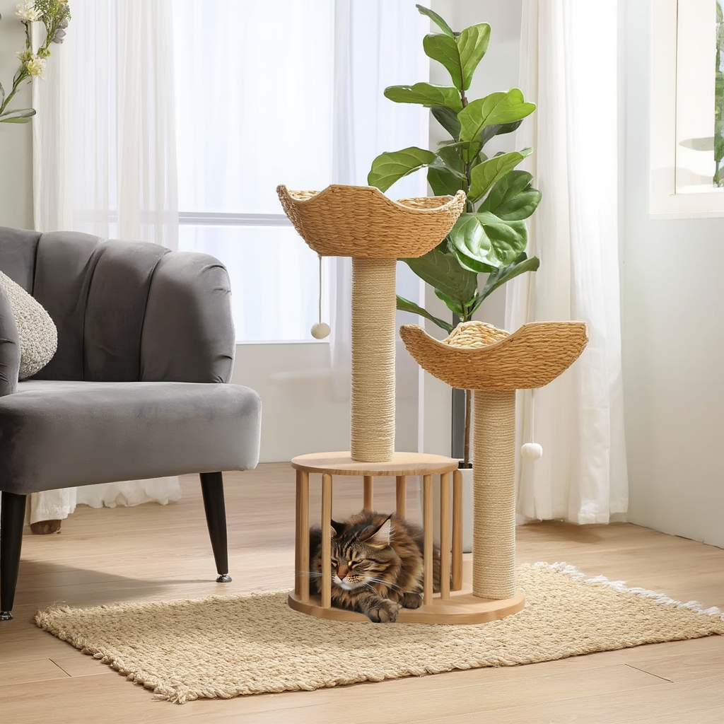 Arbre à chat AuraCat 99 cm, paniers tressés et poteaux en sisal