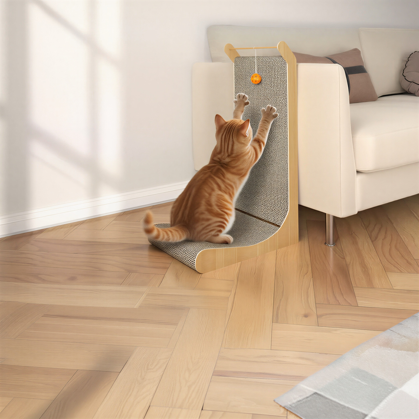 Griffoir en L 3 en 1 carton ondulé et bois pour chat