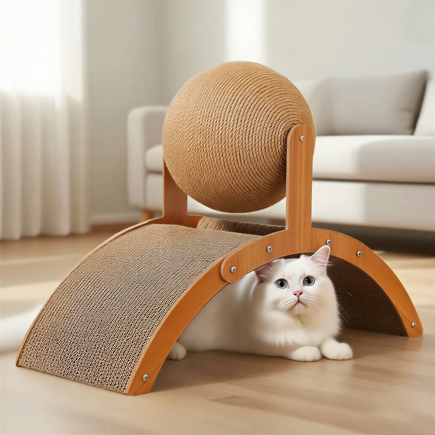 Griffoir à boule 2 en 1 bois et sisal pour chat