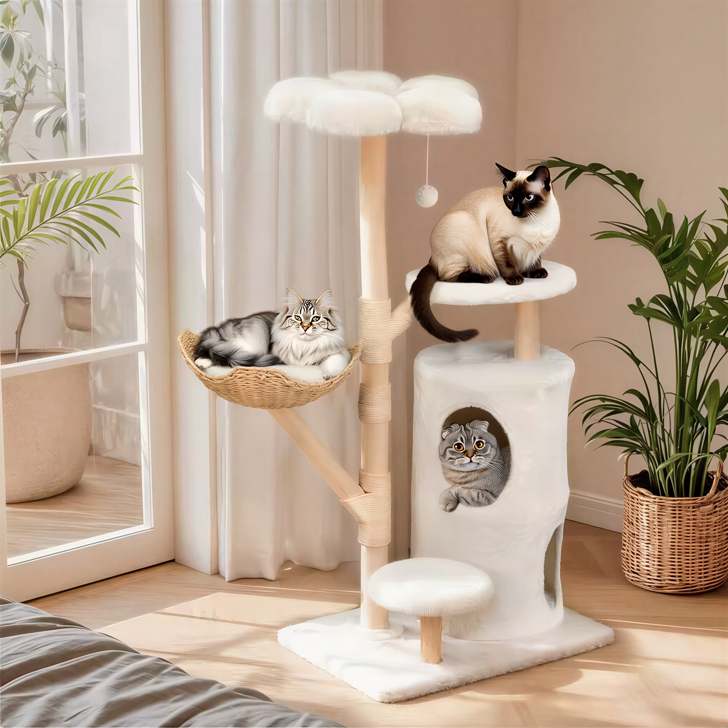 Arbre à chat CatClean 142 cm, panier tressé et griffoir en sisal bois naturel