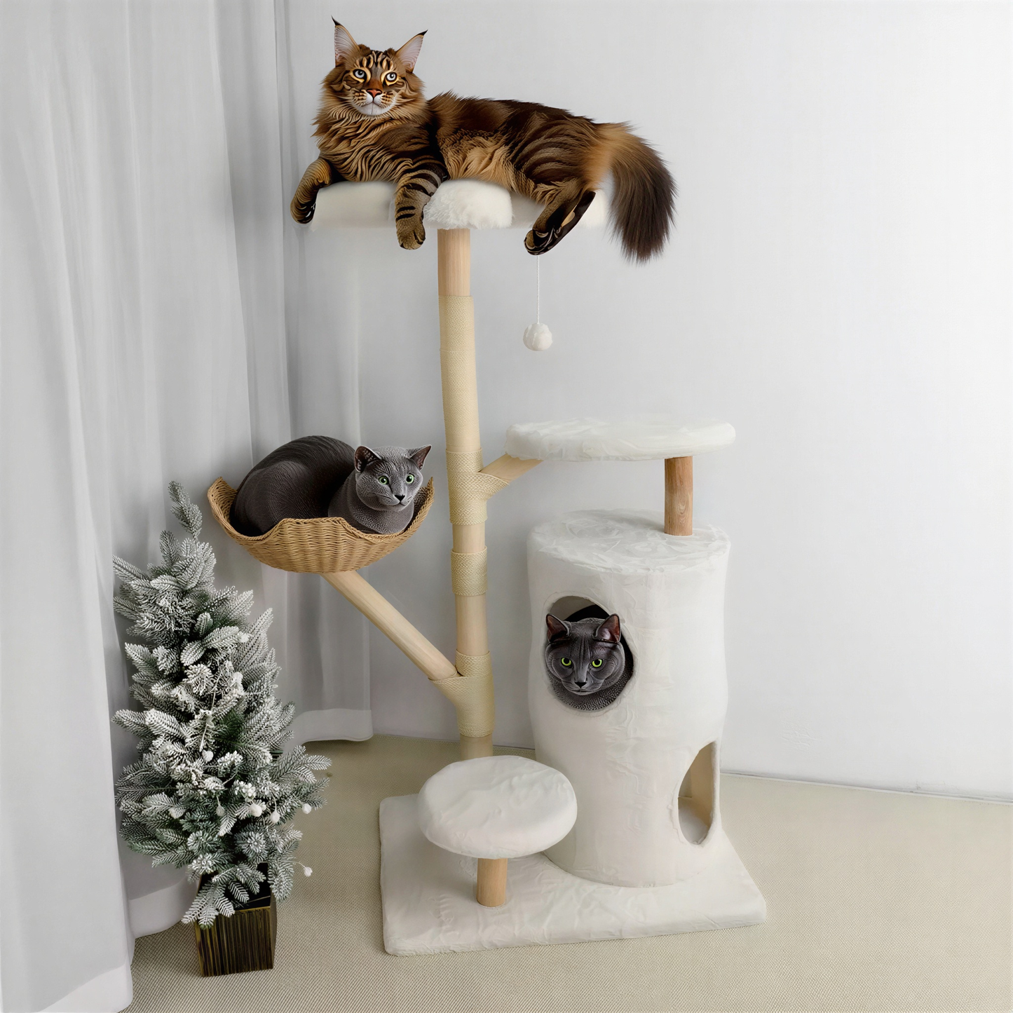 Arbre à chat CatClean 142 cm, panier tressé et griffoir en sisal bois naturel
