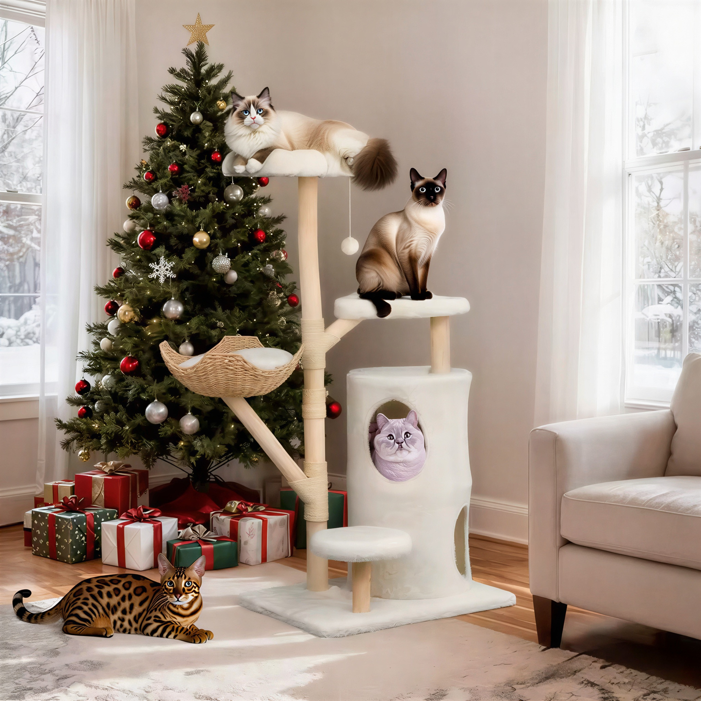 Arbre à chat CatClean 142 cm, panier tressé et griffoir en sisal bois naturel